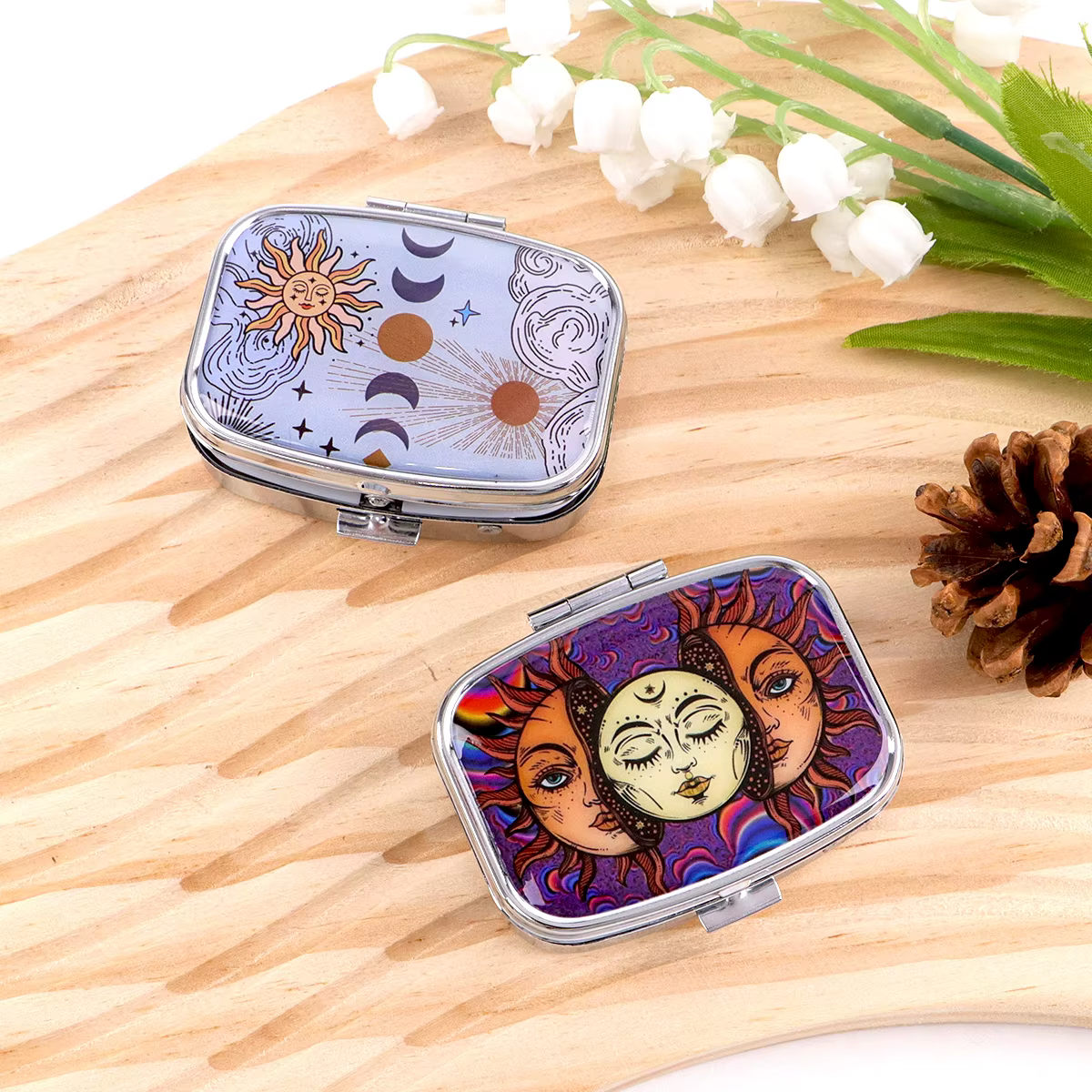 Boîtes à pilules Soleil et Lune, étui vintage scellé, mini boîte à bijoux de voyage portable, mini organisateur, étui de rangement pour médicaments
