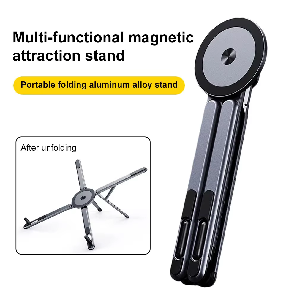 Support de téléphone magnétique portable et perche à selfie 3-en-1, trépied pliable pour iPhone, iPad, tablette, ordinateur portable, utilisation sur ordinateur de bureau