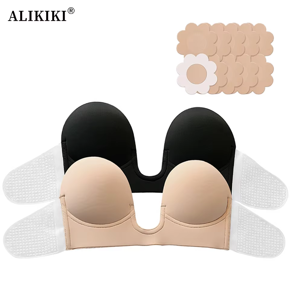 Soutien-gorge adhésif push-up sans bretelles à décolleté plongeant pour femme