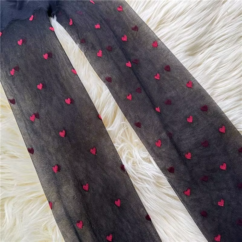 Collants en résille transparents noirs pour femmes, à motif de cœurs, fins, style legging, tendance, pour soirée