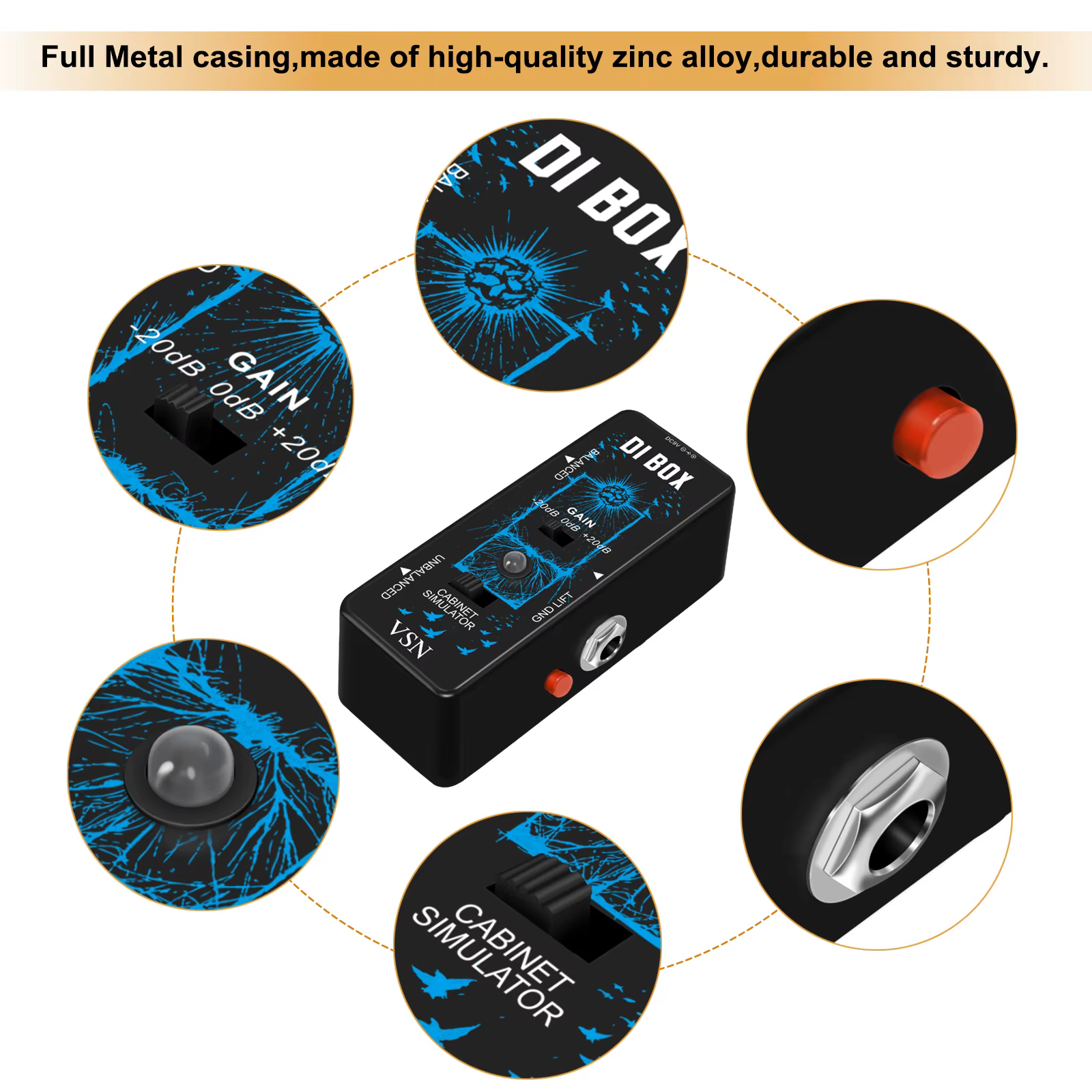 Boîtier de direct DI multifonctionnel VSN Mini pour pédale de guitare avec contrôle de gain, simulateur de cabinet et interrupteur – Appareil musical