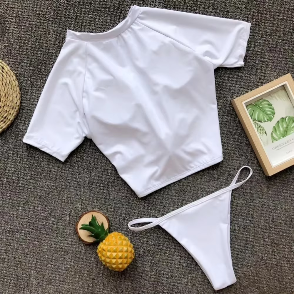 Maillot de bain deux pièces sexy pour femme, 2 couleurs, manches courtes, noué, couleur unie, tenue de plage, Banadores Mujer 2026