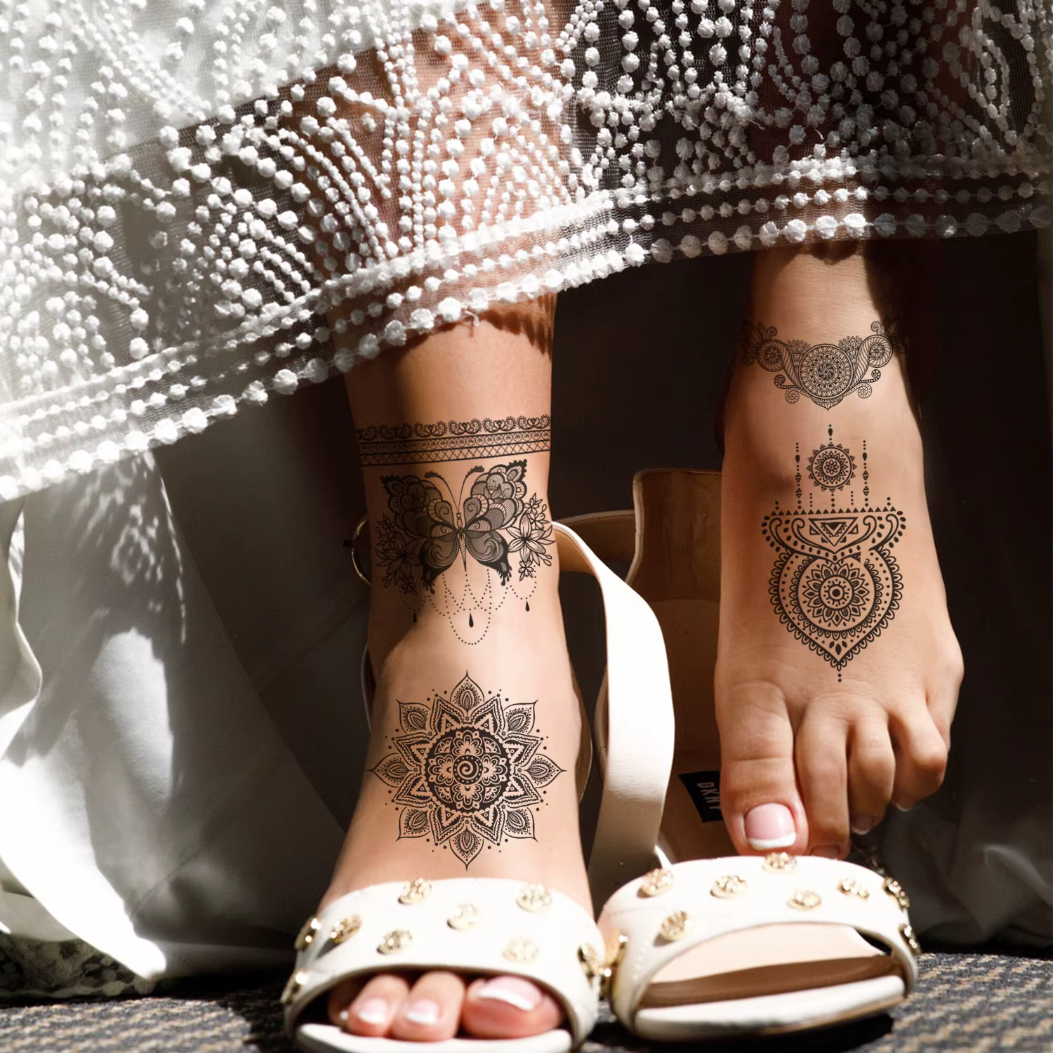 Tatouages temporaires fleur Mandala, autocollants de faux tatouage noir de style henné, 10 feuilles