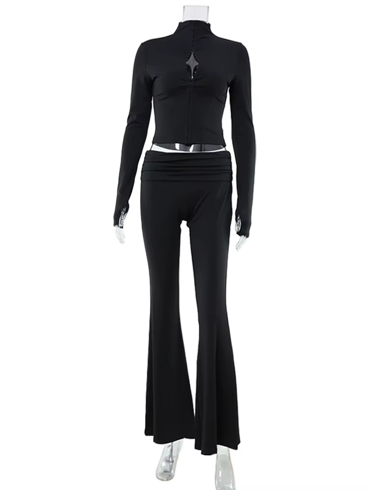 Gaine décontractée femmes costume mode Sexy col roulé à manches longues évider 2 pièces (hauts + pantalon Long) ensembles assortis femme survêtement