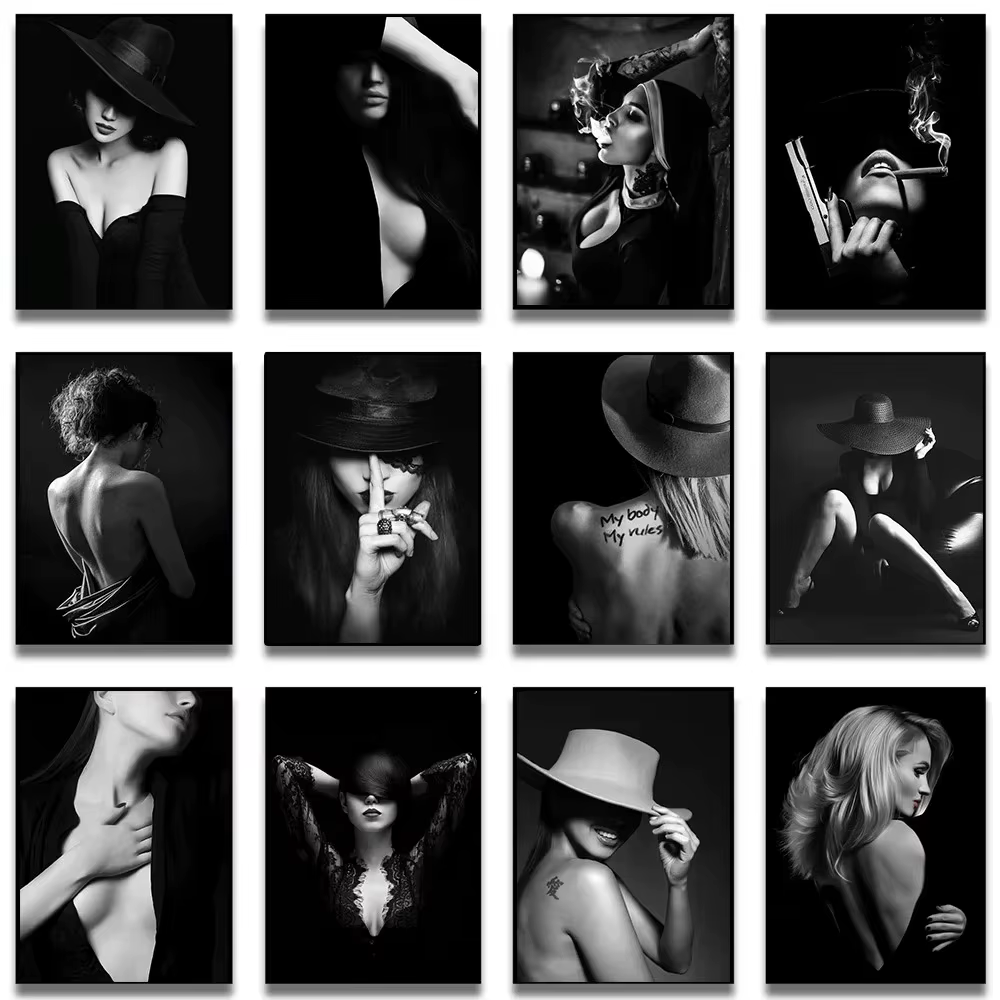 Peinture sur toile 2D – Art moderne noir et blanc : Femme fumeuse, nue et sexy – Affiches décoratives pour salon
