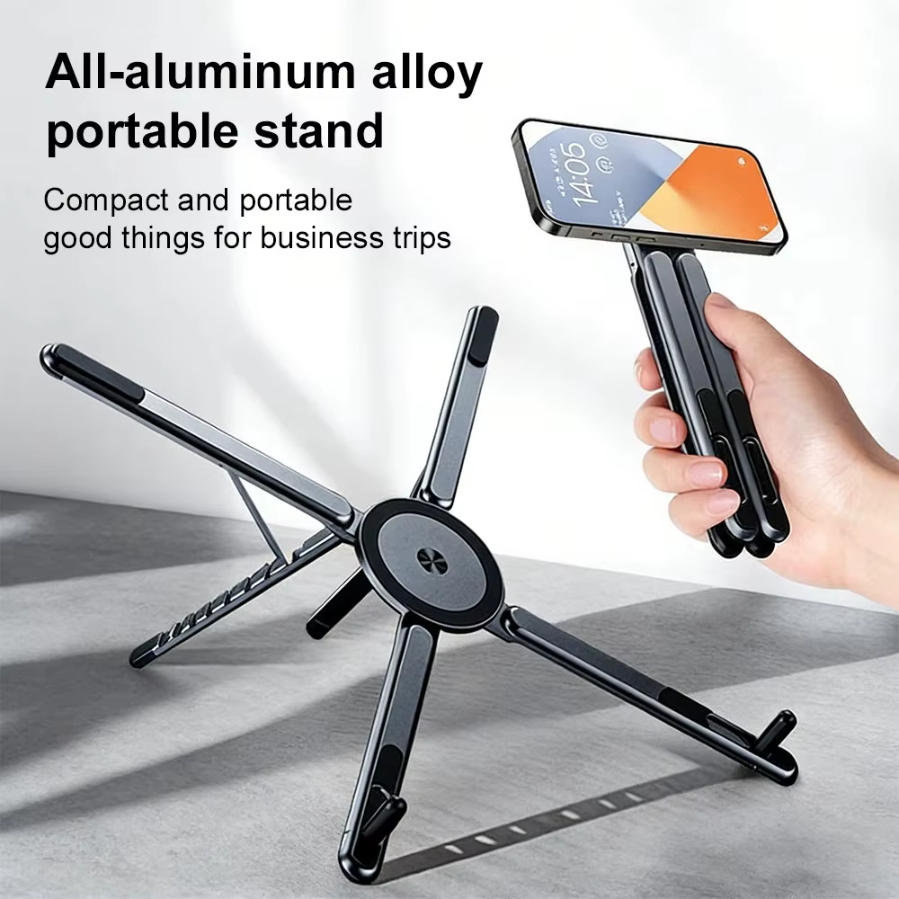 Support de téléphone magnétique portable et perche à selfie 3-en-1, trépied pliable pour iPhone, iPad, tablette, ordinateur portable, utilisation sur ordinateur de bureau