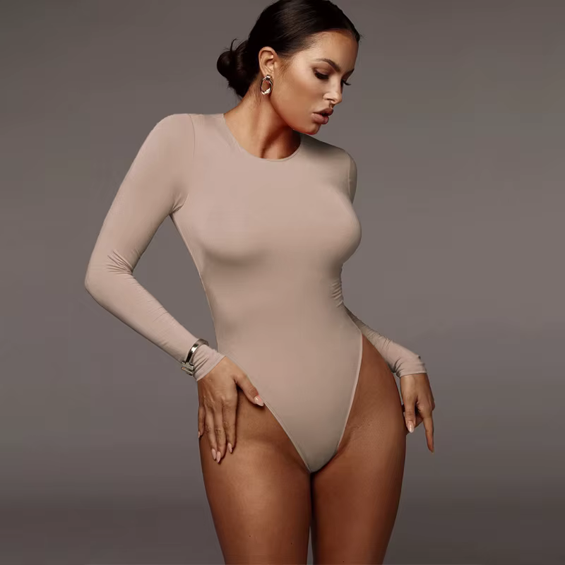 O cou à manches longues solide blanc Sexy Body femmes noir automne hiver corps haut gris décontracté dame Streetwear