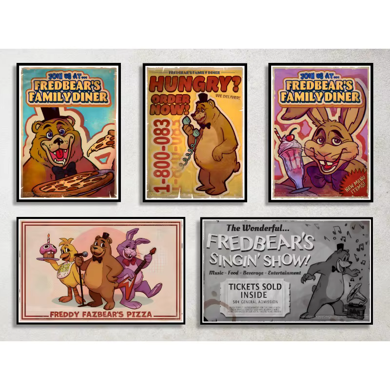 Lot de 5 affiches Five Nights at Freddy's pour décoration murale de salle de jeux, impressions d'horreur FNAF sans cadre, pour chambre, dortoir, man cave, fournitures de fête, cadeau pour les fans