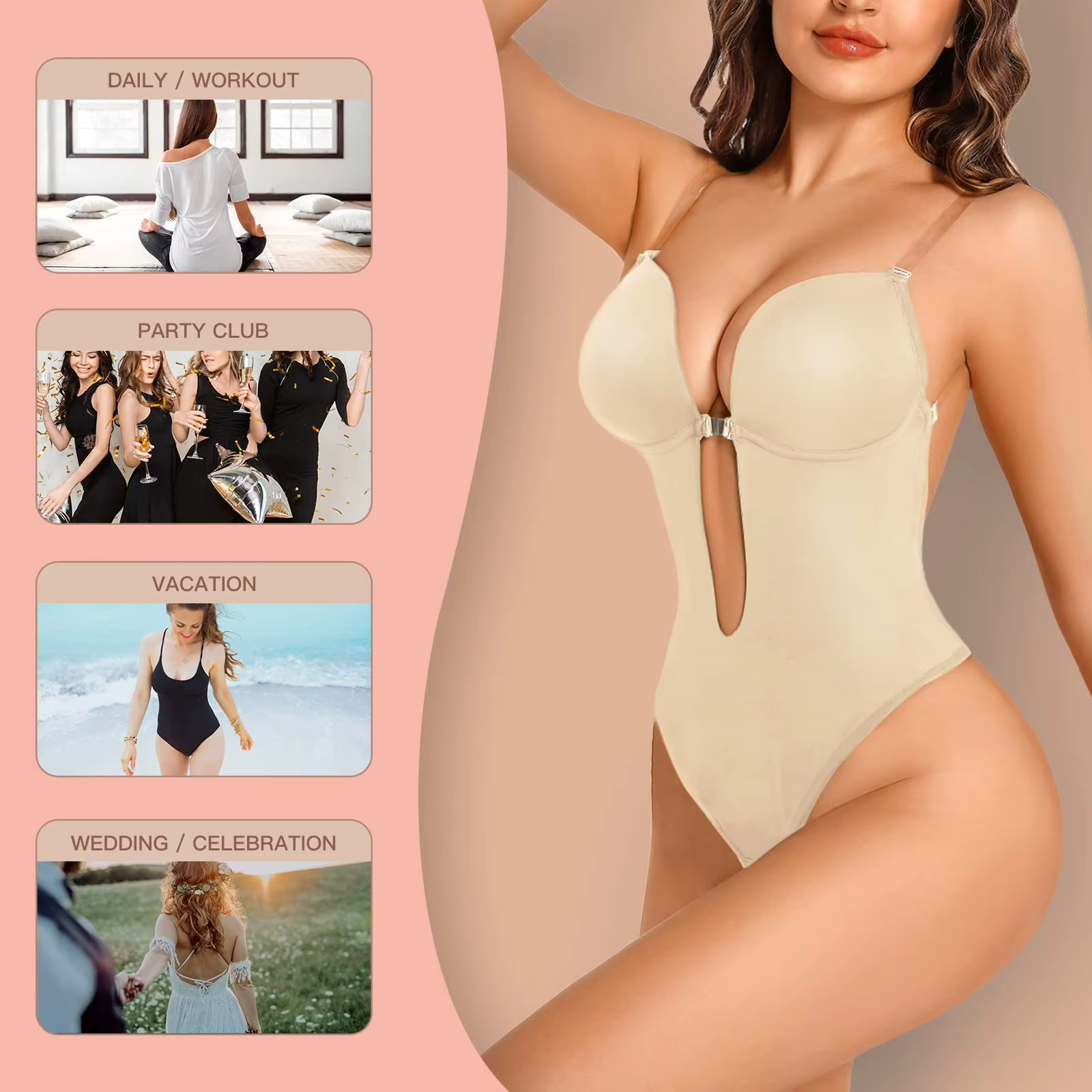 Sexy dos nu profond V plongeant Shapewear body Invisible sans bretelles Bralette sculptant froncé sangle