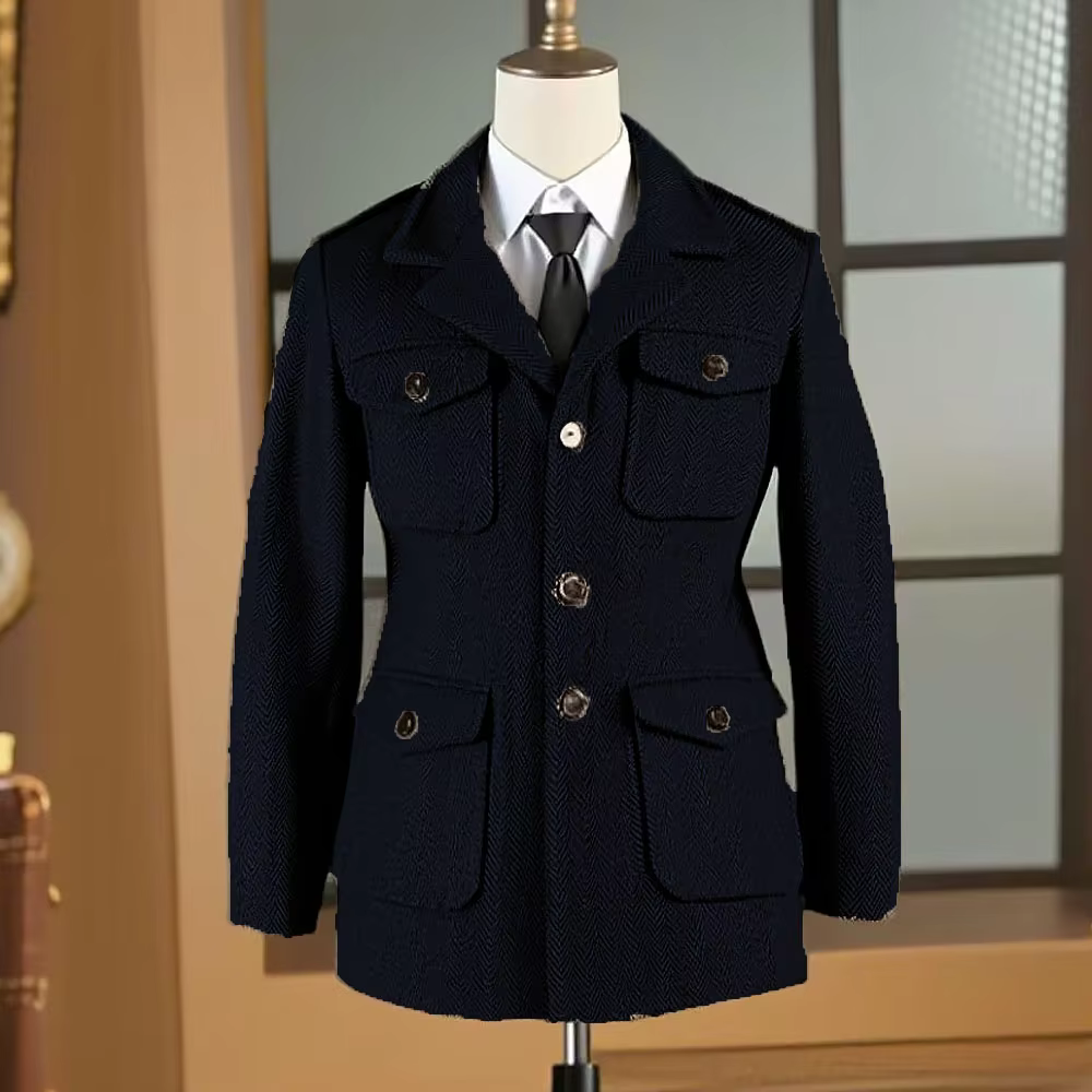 Veste de chasse pour homme, style britannique, en tweed à chevrons, revers, multi-poches, décontractée, veste de costume à revers, mélange de laine vintage, veste de sport