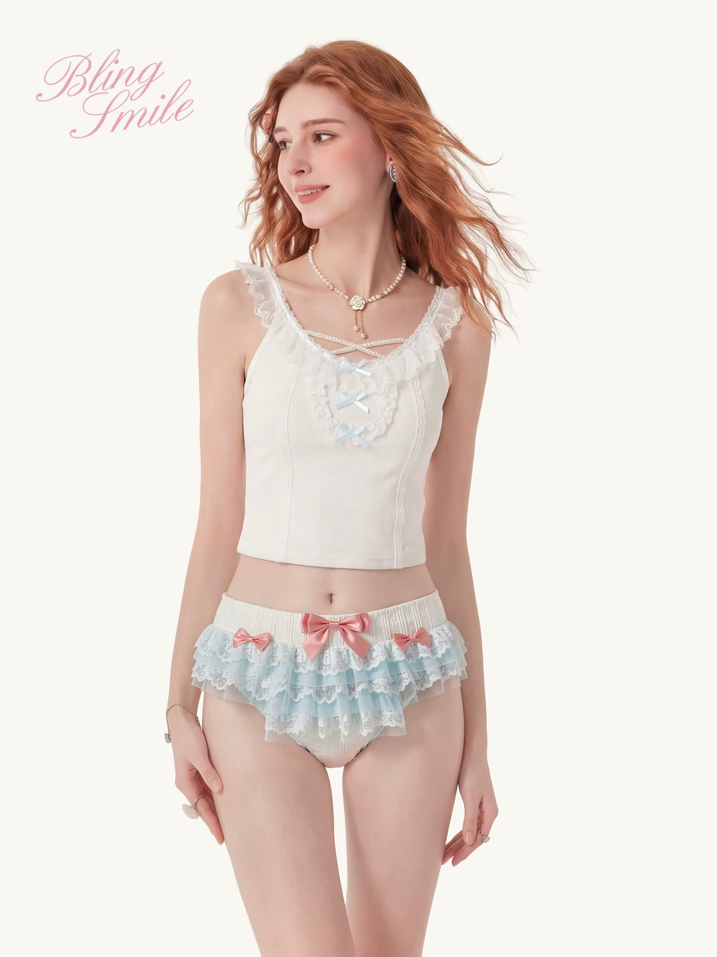 Culottes Lolita pour femmes, imprimé floral français, dentelle, volants en tulle, design à nouer sur le côté, douces, taille basse, sous-vêtements pour femmes