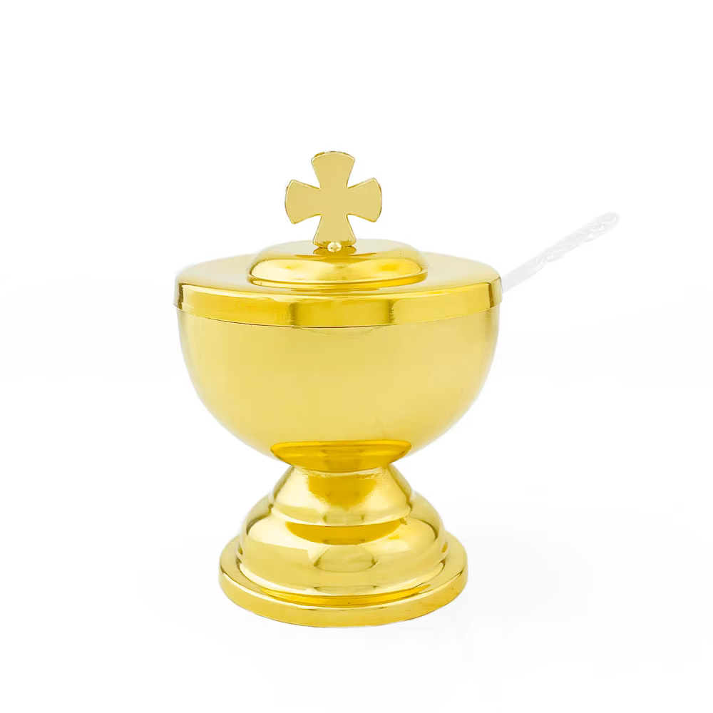 HTISOK Bouteille d'eau bénite Bouteille d'huile bénite Boîte de décoration d'église Fournitures de masse religieuse Fournitures de culte plaquées or Bouteille d'eau bénite