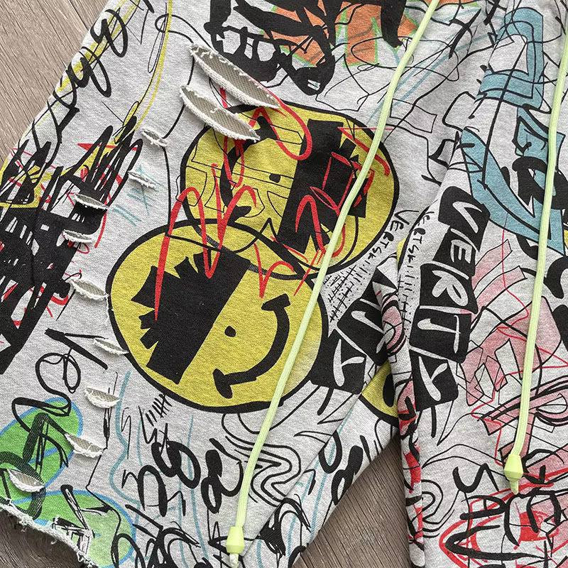 Shorts Vertabrae Verty colorés avec imprimé graffiti peint à la main, design à cordon de serrage, shorts de sport