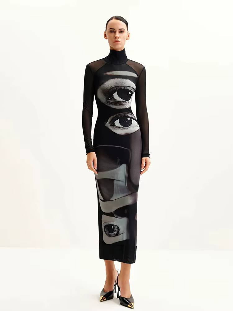 Robe fourreau sexy à manches longues imprimée, coupe ajustée, pour femme, style urbain, club, décontractée, quotidienne, col roulé, cool