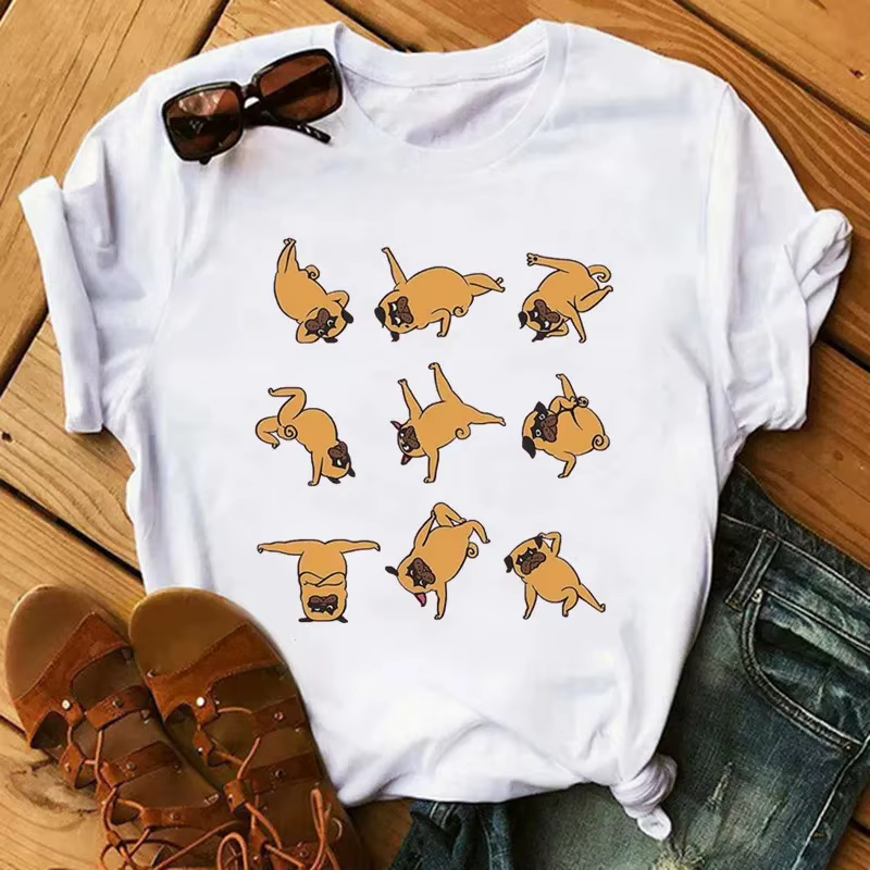 PDPyoga-T-shirt de fitness imprimé graphique animal pour femme, T-shirt Kawaii décontracté, T-shirt Harajuku esthétique, T-shirt blanc Y-Tee, poses drôles