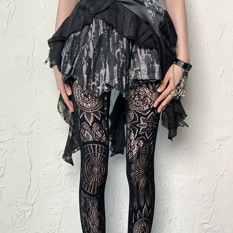 Collants noirs sexy en jacquard résille à trous pour femmes