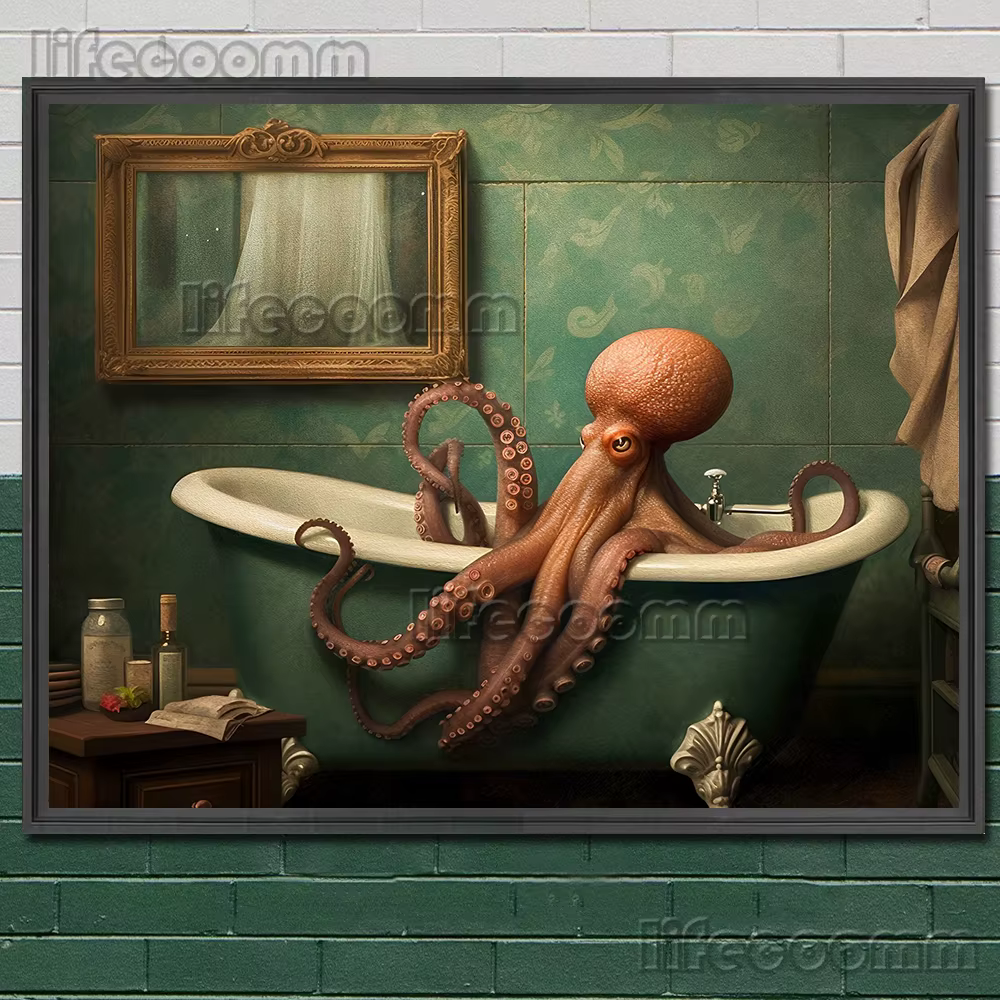 Pieuvre victorienne dans un chapeau haut de forme et Kraken Sea Diver, Art mural vintage, Peinture sur toile, Animal océanique drôle, Affiche imprimée, Décor