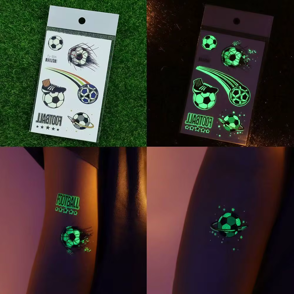 10 feuilles de tatouages temporaires lumineux sur le thème du football, qui brillent dans le noir, pour les fans de football, décorations pour fêtes