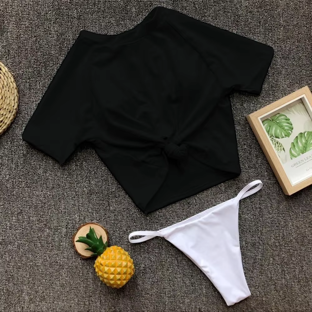 Maillot de bain deux pièces sexy pour femme, 2 couleurs, manches courtes, noué, couleur unie, tenue de plage, Banadores Mujer 2026