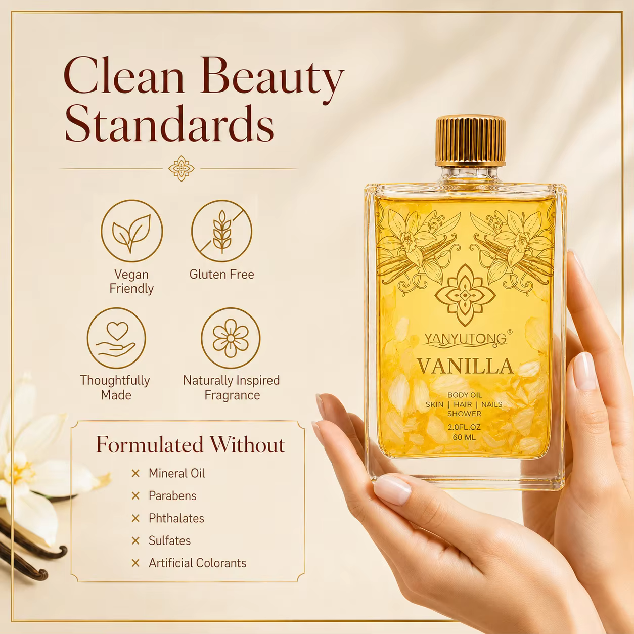 60 ml d'huile essentielle de vanille, nourrissante et hydratante, absorption rapide, douce, apaisante pour les peaux sèches, parfum longue durée.