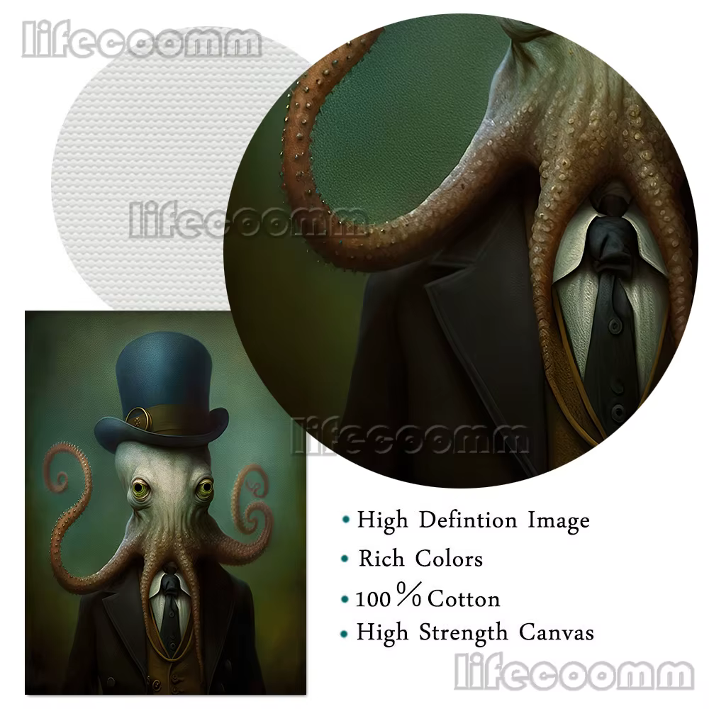 Pieuvre victorienne dans un chapeau haut de forme et Kraken Sea Diver Vintage Wall Art Canvas Painting, Funny Ocean Animal Art Poster, Print Decor