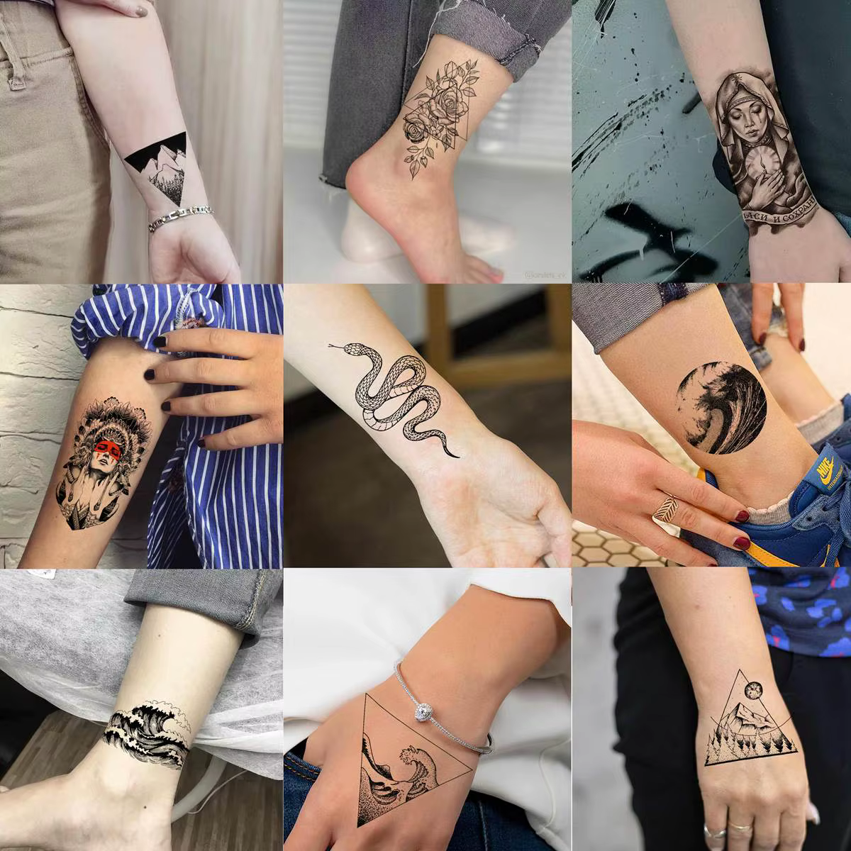 52 feuilles de tatouages temporaires crâne noir pour hommes femmes bras cou tatouages pâte fausse petite fleur serpent de montagne animaux tatouages 3D