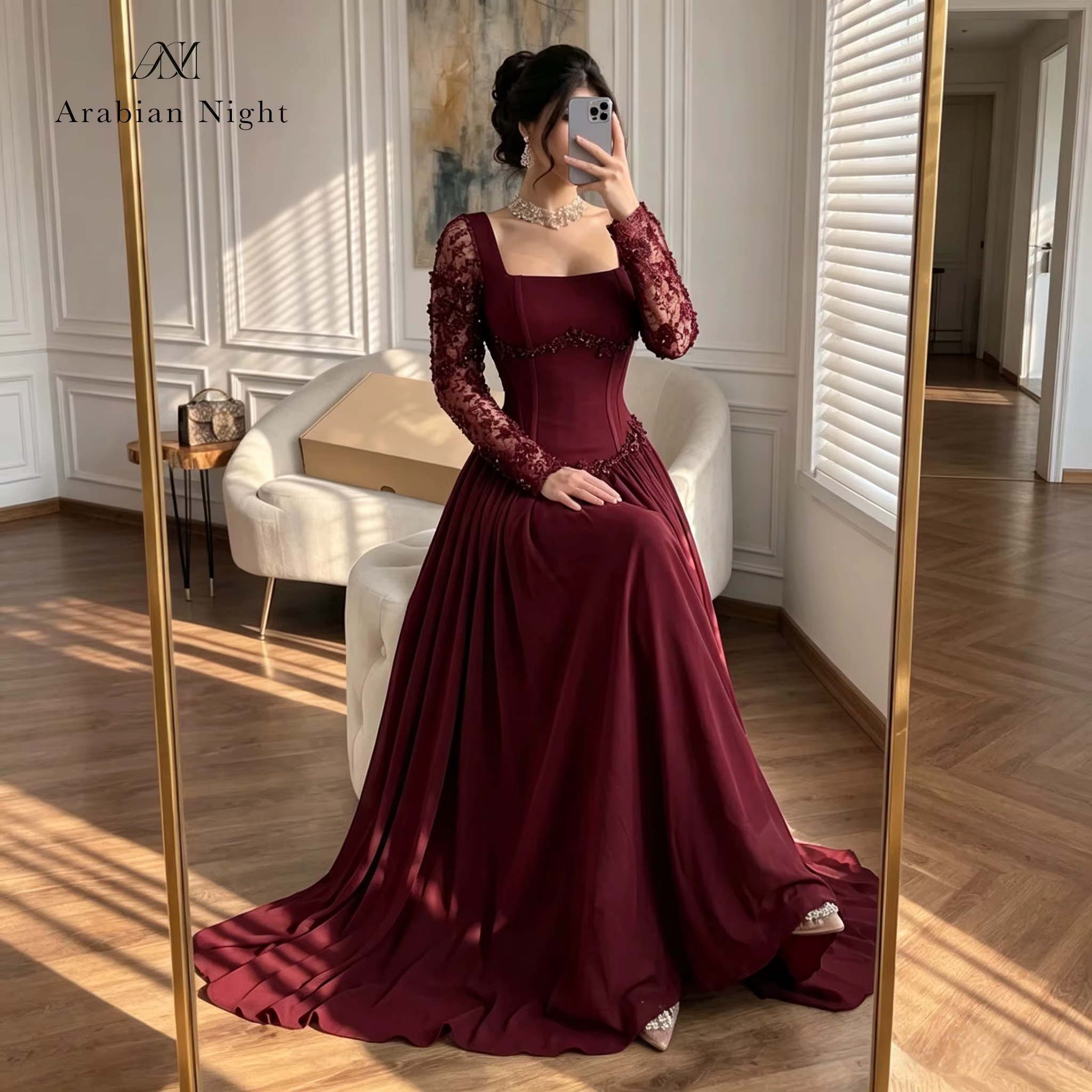 Robe de soirée classique brodée bordeaux coupe trapèze pour femme, idéale pour les bals de promo, les galas et les soirées, inspirée des célébrités