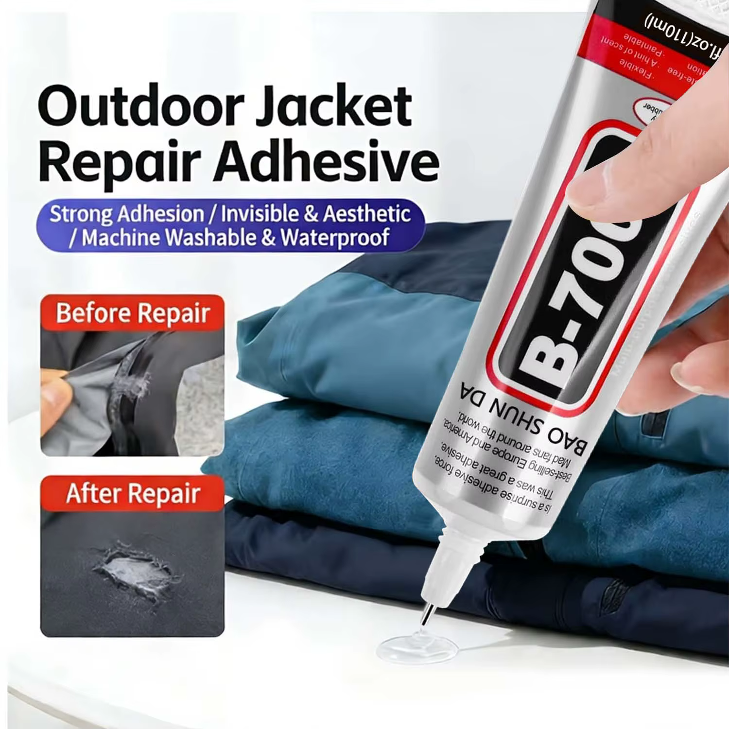 Colle multi-usages pour la réparation de tissus, adhésif pour coutures, imperméable, transparent, collage permanent pour la réparation de vêtements et de textiles.