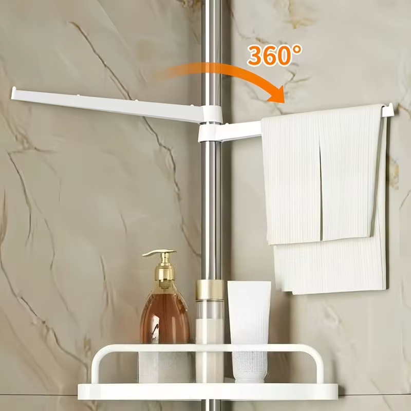 Barre de douche réglable sans perçage en acier inoxydable avec porte-serviettes, organisateur plafond-sol et étagère d'angle pour salle de bain