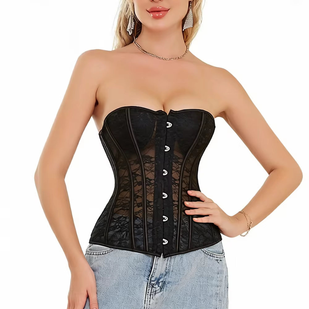 Corset Overbust Sexy en Dentelle Transparente pour Femme
