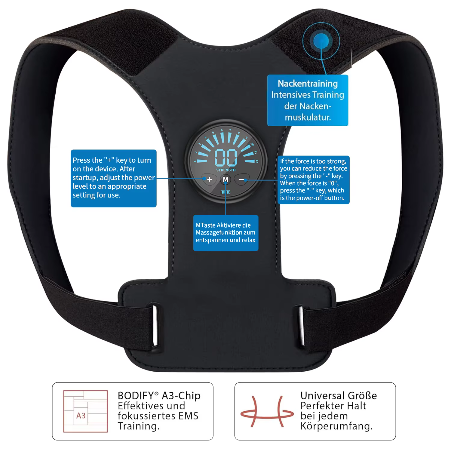 Ceinture Correctrice de Posture avec Stimulateur Musculaire EMS et Masseur Dorsal - Soulagement Ajustable de la Douleur à l'Épaule pour le Bureau et la Maison