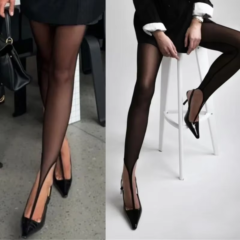 Collants noirs élégants en maille transparente avec boucle d'orteil renforcée