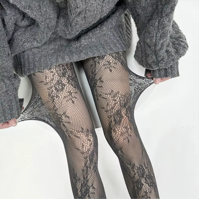 Harajuku noir blanc marron évidé dentelle maille collants Floral rotin bas bas Sexy femmes