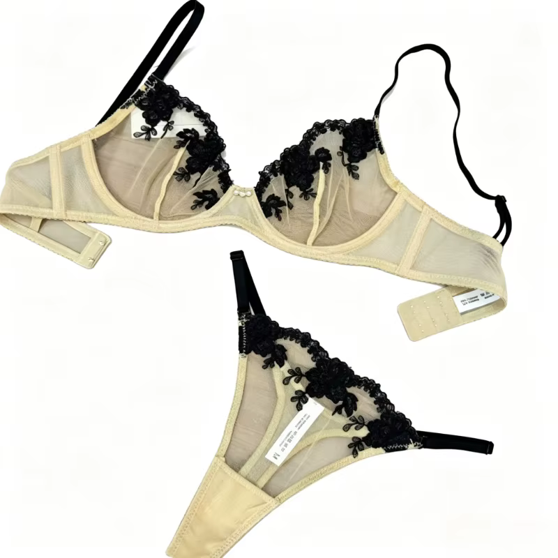 Ensemble soutien-gorge et culotte en dentelle ultra fine brodée pour femmes