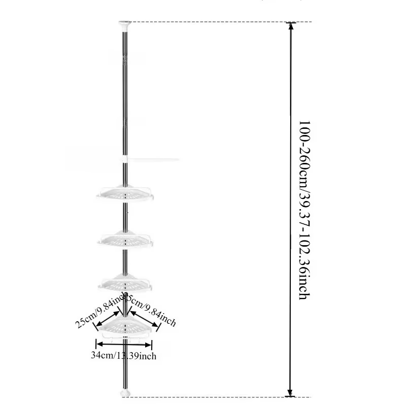 Barre de douche réglable sans perçage en acier inoxydable avec porte-serviettes, organisateur plafond-sol et étagère d'angle pour salle de bain