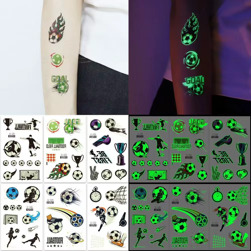10 feuilles de tatouages temporaires lumineux sur le thème du football, qui brillent dans le noir, pour les fans de football, décorations pour fêtes