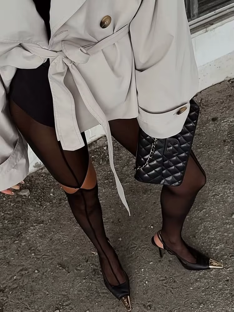 Collants Sexy découpés doublés noirs pour femmes