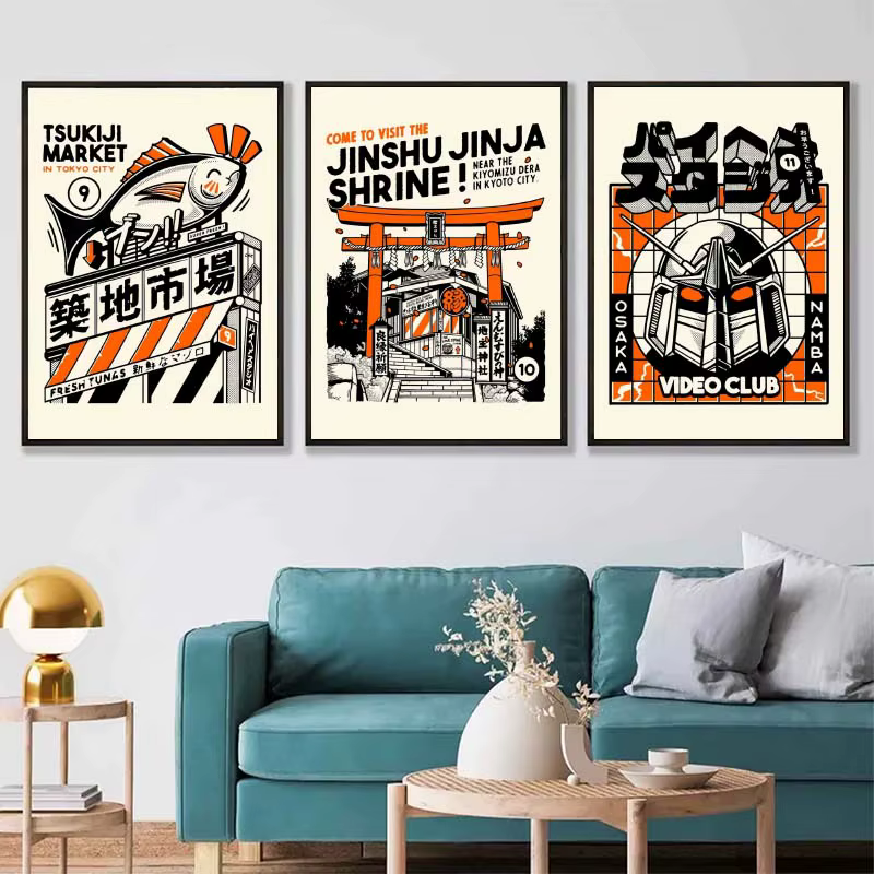 Takoyaki Oni Ramen nourriture japonaise Orange affiches et imprimés toile peinture drôle mur Art photo pour salon décor à la maison