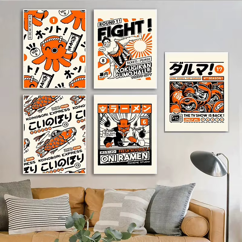 Takoyaki Oni Ramen nourriture japonaise toile impression affiche Jandi drôle dessin animé Art imprime salon mur Art décor à la maison affiche