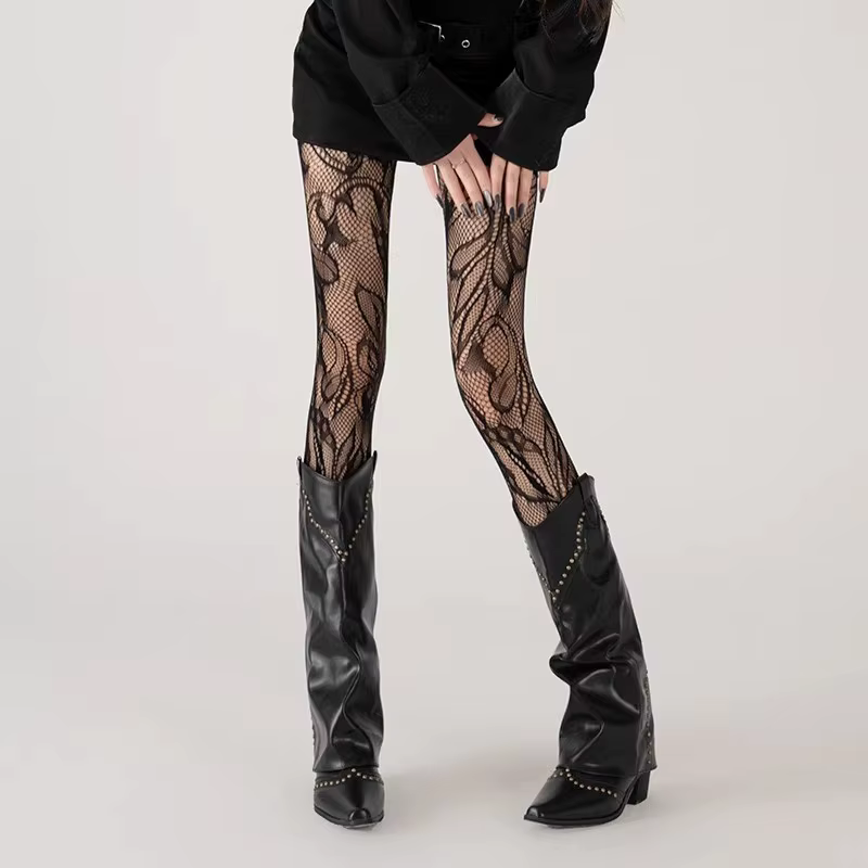 Collants Résille Vintage Français en Dentelle Florale Transparente