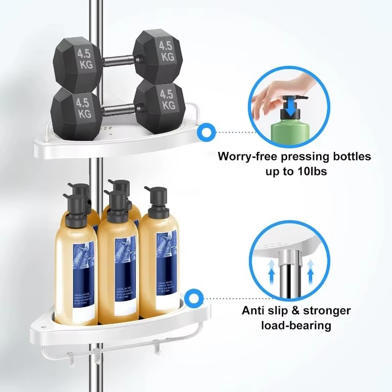 Barre de douche réglable sans perçage en acier inoxydable avec porte-serviettes, organisateur plafond-sol et étagère d'angle pour salle de bain