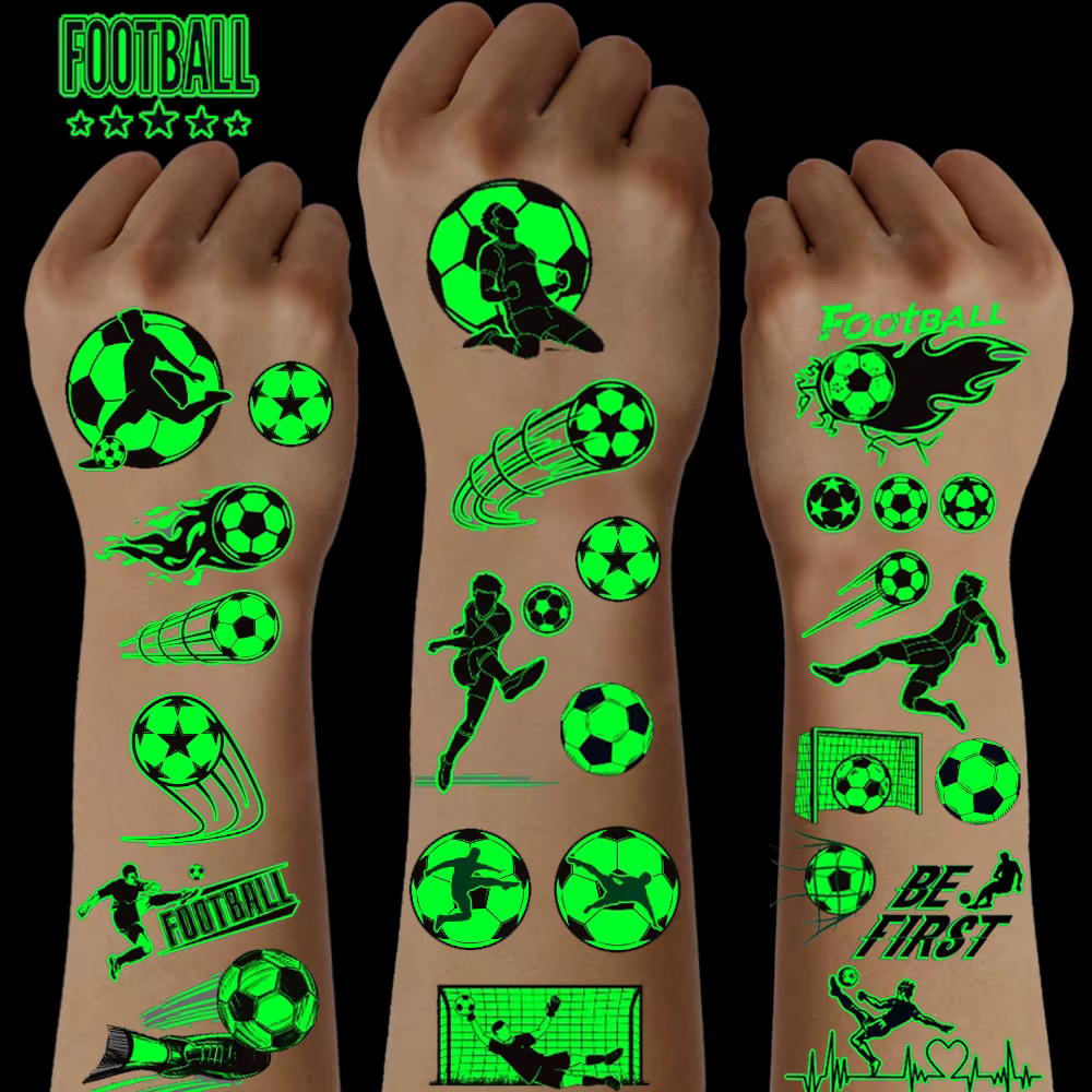 10 feuilles de tatouages de Football ballon de Football tatouages temporaires lumineux brillent dans la nuit Fans de Football décorations de cadeaux de fête