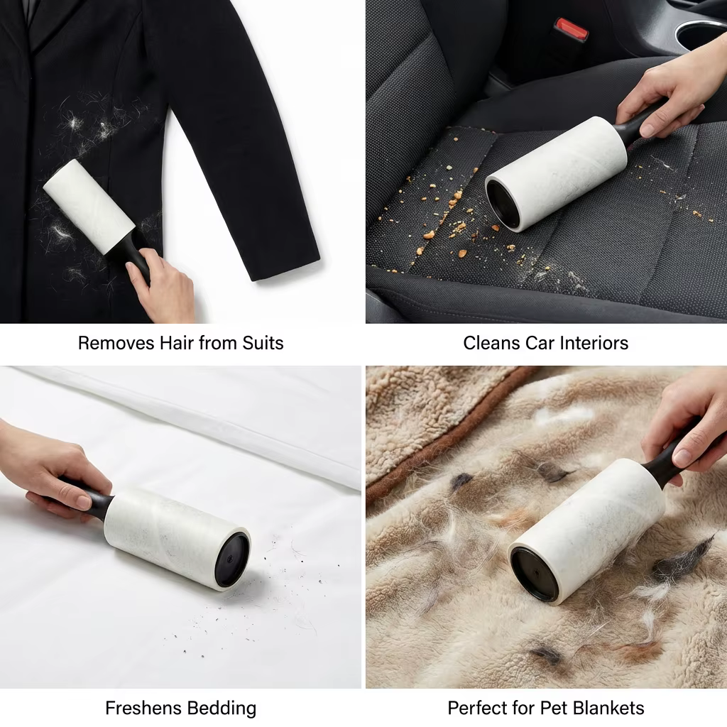Rouleau à peluches réutilisable pour poils d'animaux, dépoussiéreur adhésif collant pour meubles et vêtements, outil de nettoyage ménager avec poignée (120
