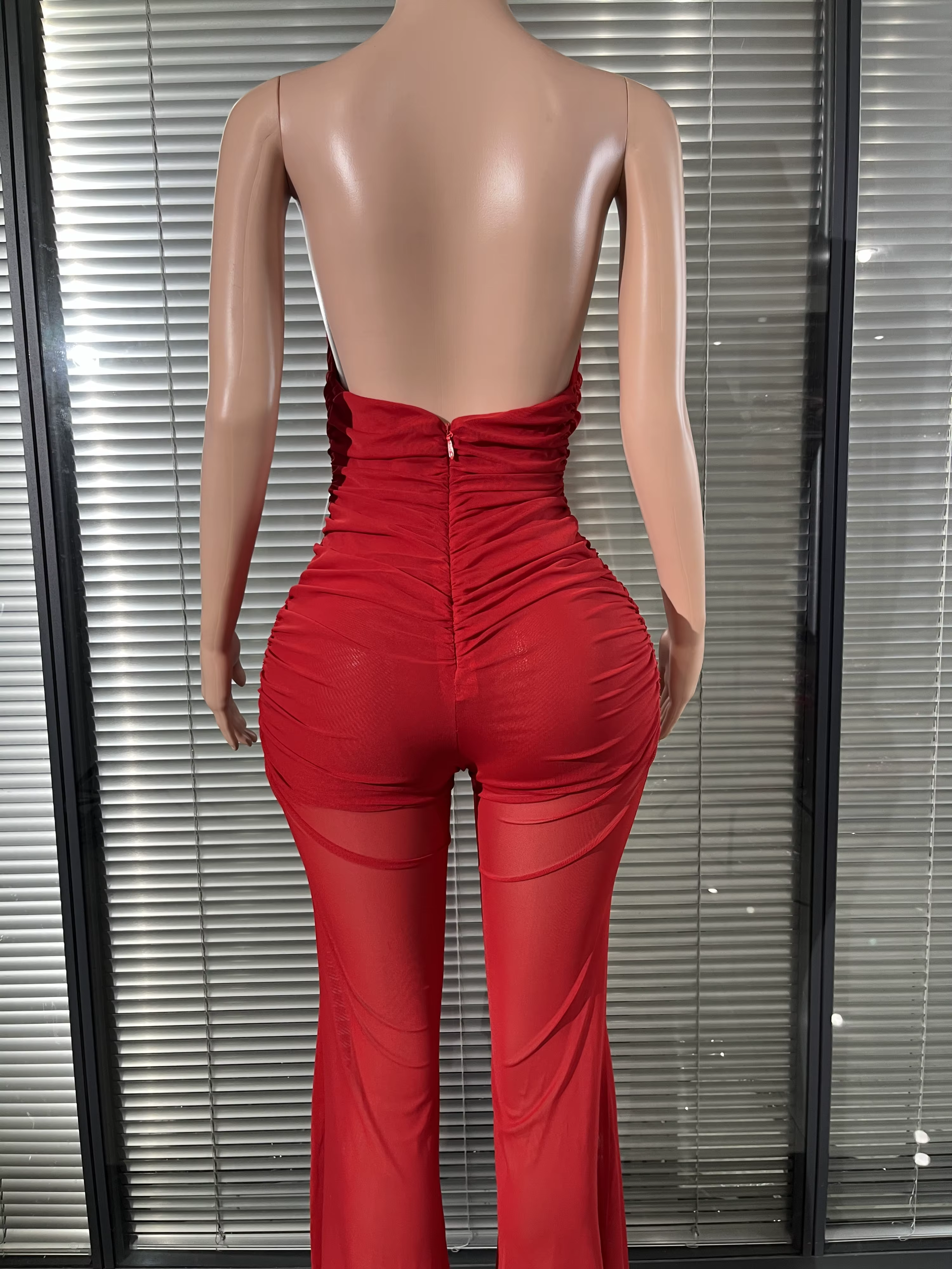Couleur rouge femmes Sexy licou hors de l'épaule froncé maille moulante combinaison célébrer mode discothèque fête fêtes d'anniversaire