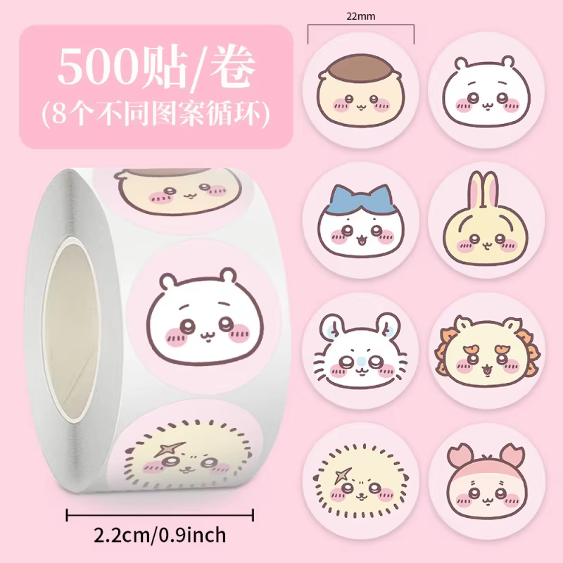 Rouleau d'autocollants mignons Chiikawa Emoji, 500 pièces, autocollants ronds de dessin animé Kawaii Hachiware Usagi pour scrapbooking, ordinateur portable, bouteille d'eau