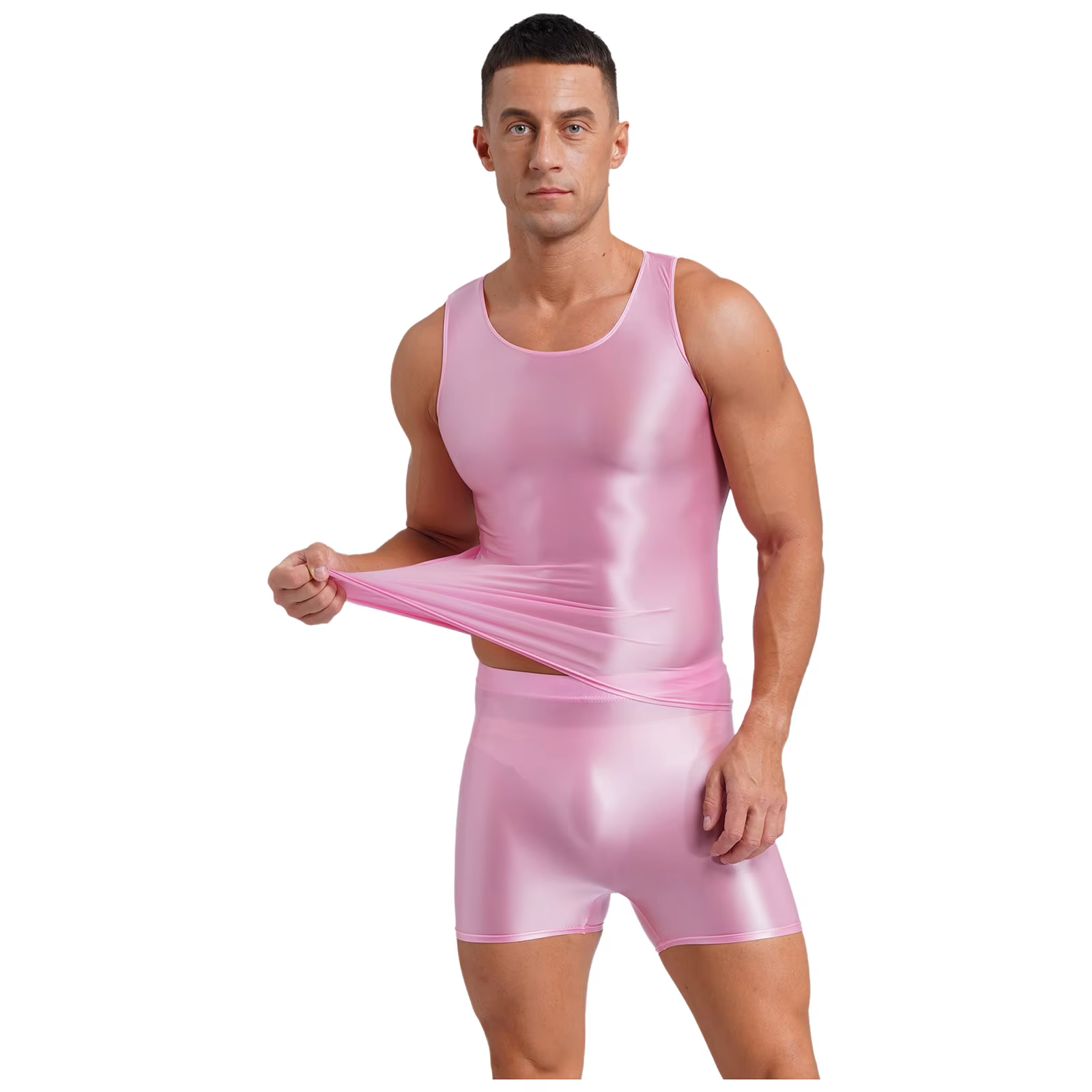 Maillot de bain brillant pour hommes, tenue deux pièces, col rond, débardeur extensible avec short, maillot de bain, Yoga, entraînement, Fitness, vêtements de sport