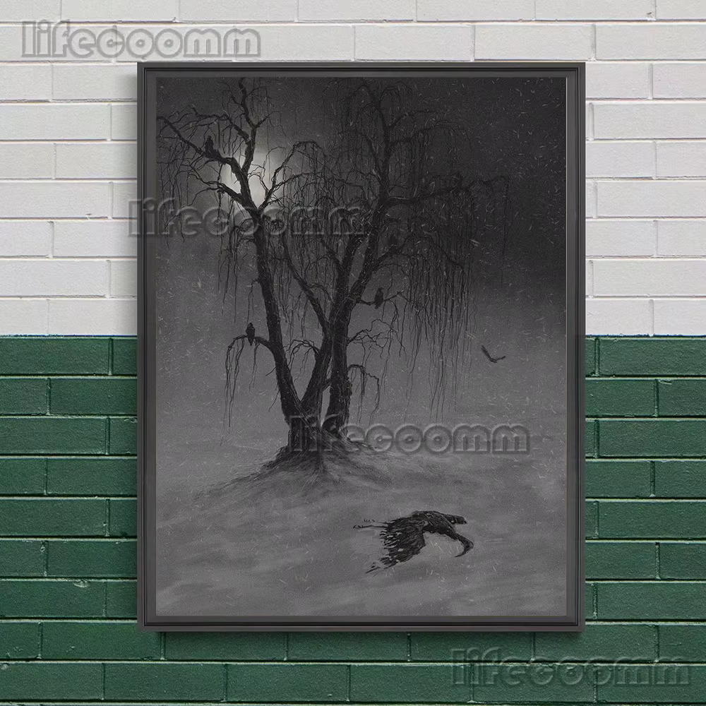 Toile d'art mural abstrait noir-blanc, cabane de montagne et voyageurs, peinture silencieuse, forêt de montagne, affiche d'art fantastique, décor imprimé