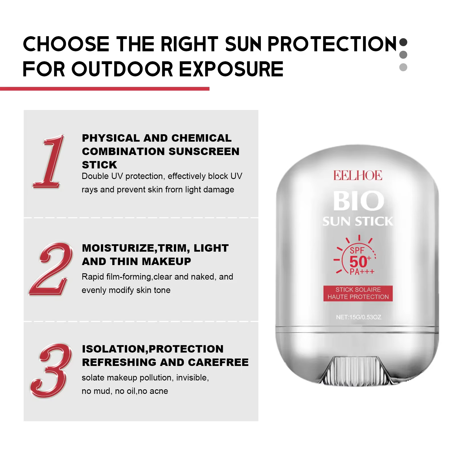 Stick solaire visage SPF 50+ Stick solaire rafraîchissant Contrôle du sébum Protection solaire Crème éclaircissante pour la peau Soin du visage 15g