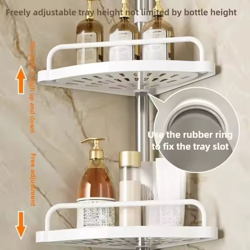 Barre de douche réglable sans perçage en acier inoxydable avec porte-serviettes, organisateur plafond-sol et étagère d'angle pour salle de bain