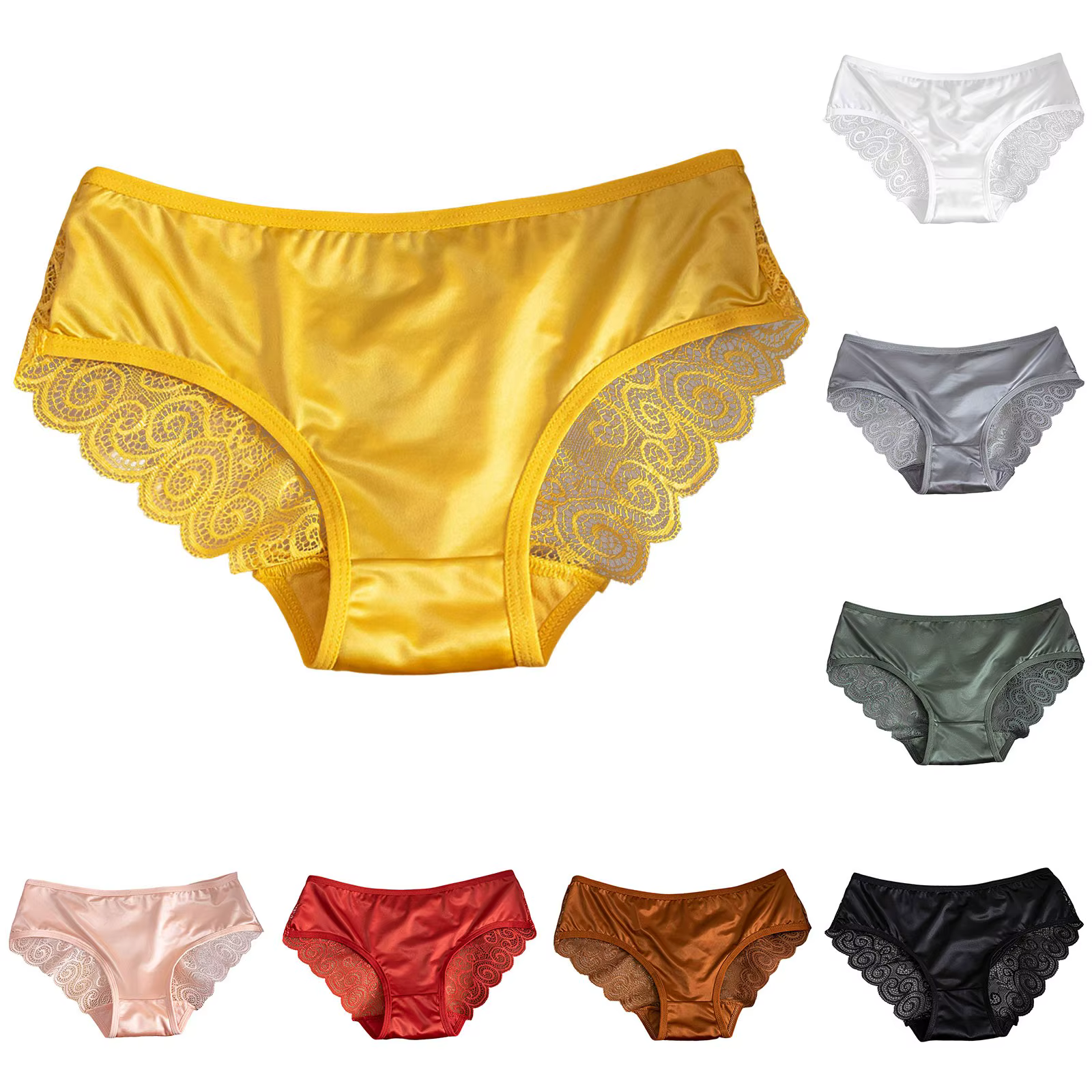 Culotte femme jaune sous-vêtements en Satin de soie dentelle Lingerie Sexy respirant taille moyenne slip